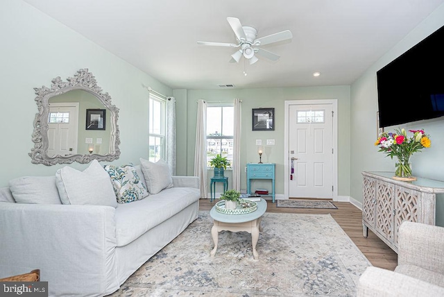 living room featuring ceiling fan and hardwood / wood-style flooring