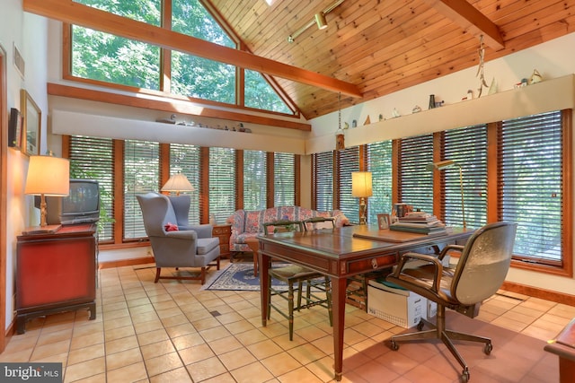 dining space with wooden ceiling, light tile patterned flooring, visible vents, and beam ceiling