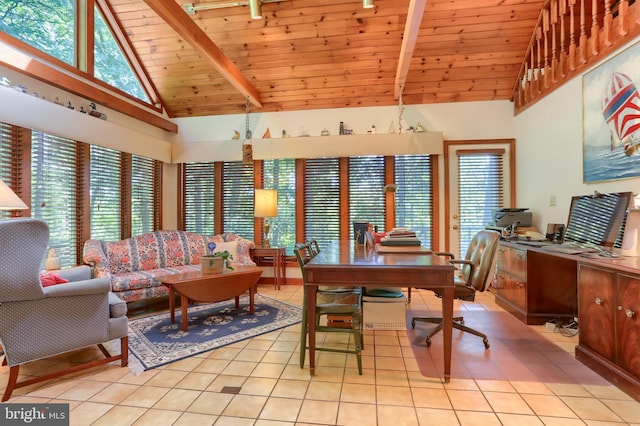 home office featuring beam ceiling, light tile patterned flooring, and wood ceiling