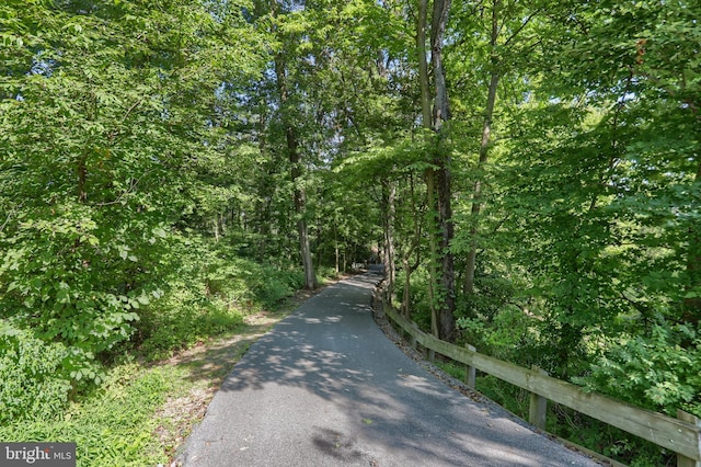 view of street with a forest view