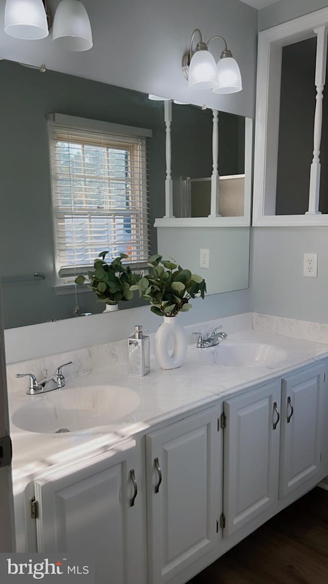 bathroom featuring vanity and hardwood / wood-style flooring