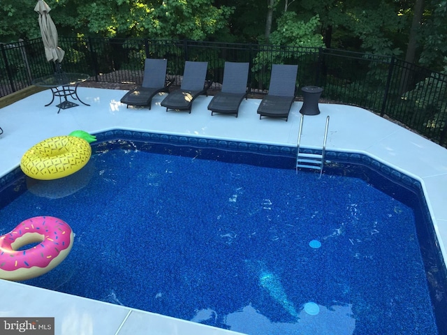 view of swimming pool featuring a patio, fence, and a fenced in pool