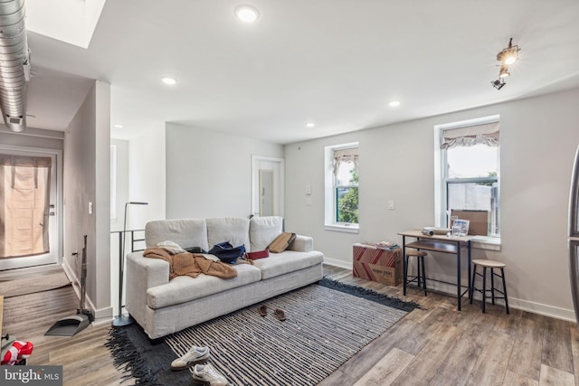 living room with hardwood / wood-style flooring and a skylight