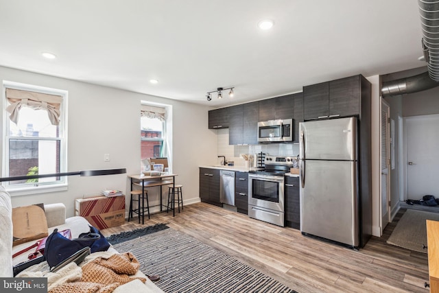 kitchen with light wood-type flooring, appliances with stainless steel finishes, and plenty of natural light