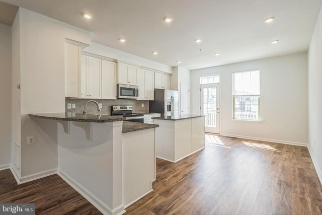 kitchen with a kitchen island, dark stone countertops, hardwood / wood-style floors, and stainless steel appliances