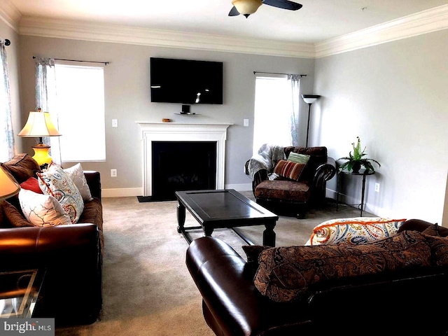 living room with carpet flooring, ceiling fan, and ornamental molding