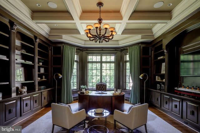 office space featuring coffered ceiling, dark wood-type flooring, a notable chandelier, and beamed ceiling