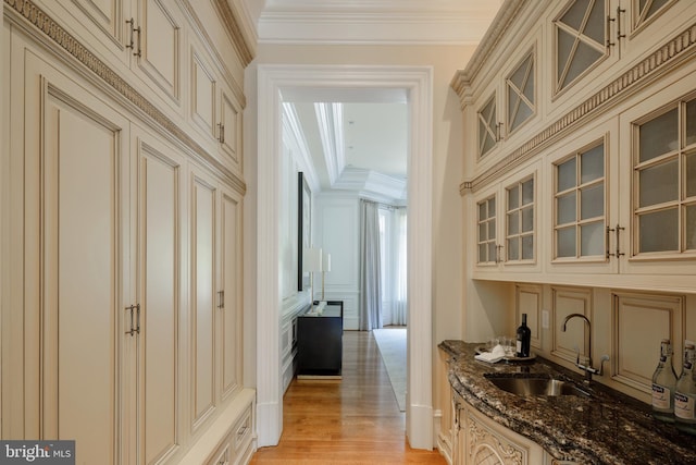 interior space with ornamental molding, light wood-style floors, and a sink