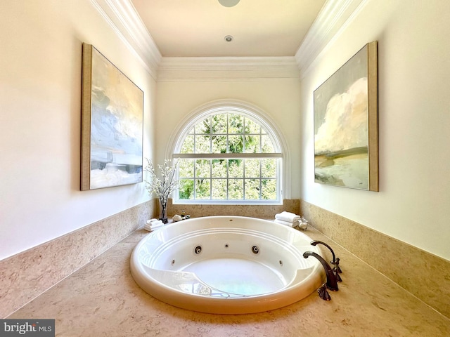 bathroom featuring a whirlpool tub and crown molding