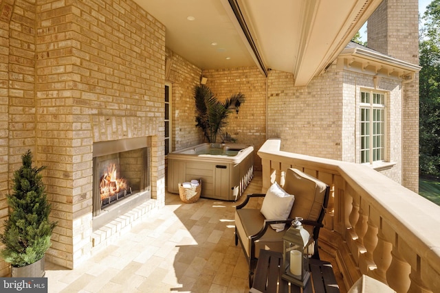 balcony with an outdoor brick fireplace