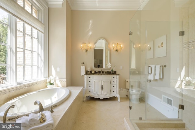 full bath with a garden tub, crown molding, visible vents, a shower stall, and vanity