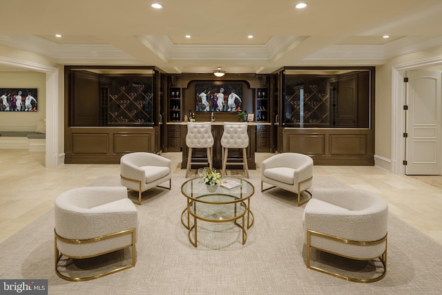 bar with recessed lighting, crown molding, and a dry bar