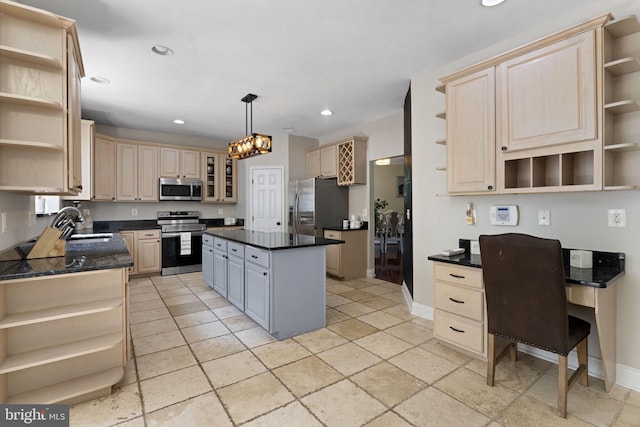 kitchen featuring light brown cabinets, stainless steel appliances, a kitchen island, open shelves, and dark countertops