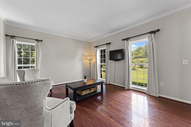 living area featuring a healthy amount of sunlight, crown molding, baseboards, and dark wood-type flooring