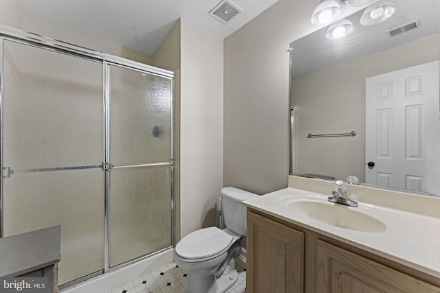 full bath with toilet, a stall shower, visible vents, and vanity