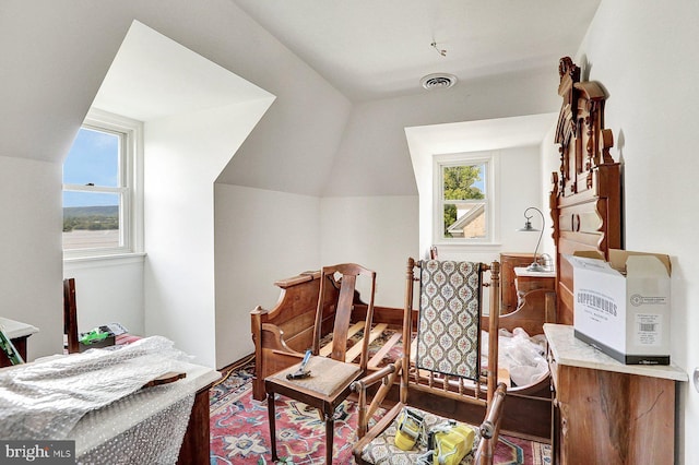 living area featuring hardwood / wood-style flooring and lofted ceiling