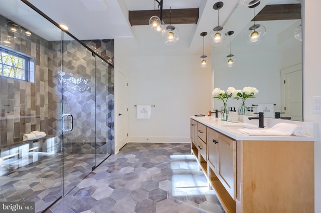 bathroom featuring beam ceiling, tile patterned floors, an enclosed shower, and vanity