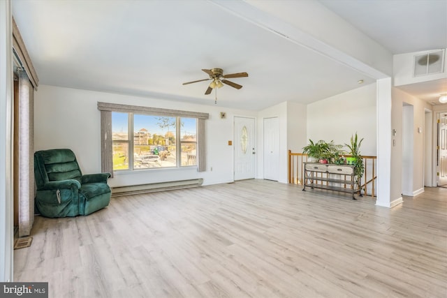 unfurnished room featuring visible vents, a ceiling fan, a baseboard radiator, an upstairs landing, and light wood-style floors