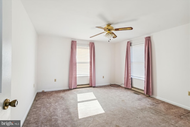 empty room with light carpet, baseboards, and a ceiling fan