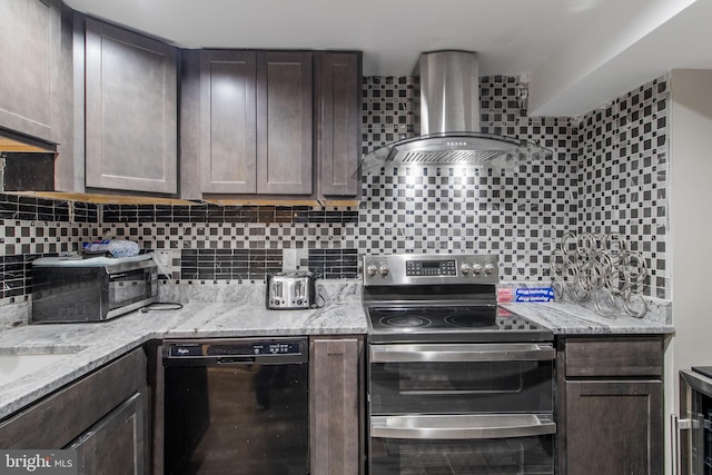 kitchen featuring wall chimney range hood, tasteful backsplash, dark brown cabinetry, dishwasher, and electric stove