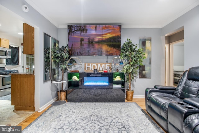 living room featuring ornamental molding and hardwood / wood-style floors