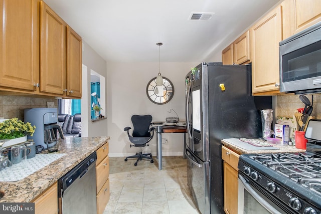 kitchen featuring light stone counters, visible vents, appliances with stainless steel finishes, backsplash, and pendant lighting