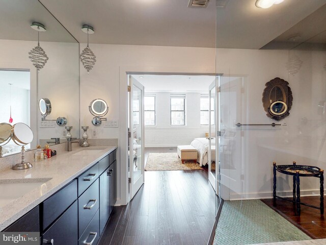 bathroom with hardwood / wood-style floors and vanity