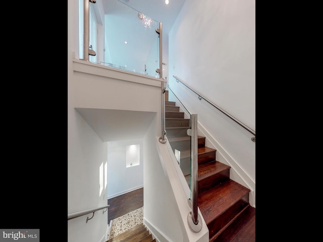 stairway with hardwood / wood-style flooring