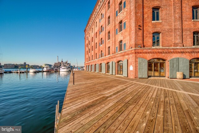 view of building exterior with a water view