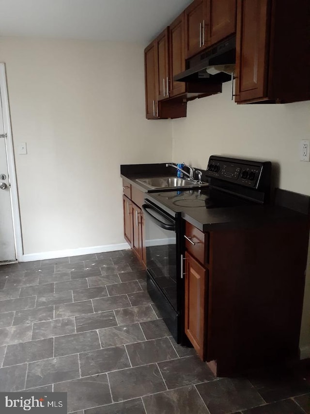 kitchen with black / electric stove, ventilation hood, sink, and dark tile patterned floors