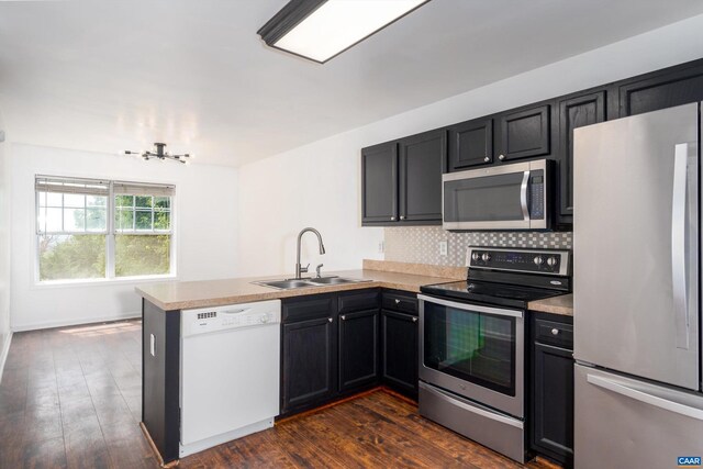 kitchen featuring appliances with stainless steel finishes, dark hardwood / wood-style flooring, kitchen peninsula, and sink