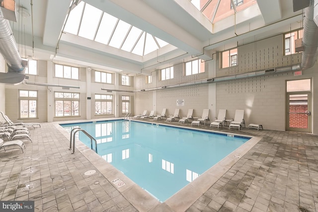 view of swimming pool with a skylight