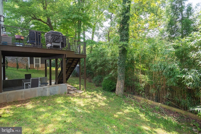 view of yard featuring a deck and stairs