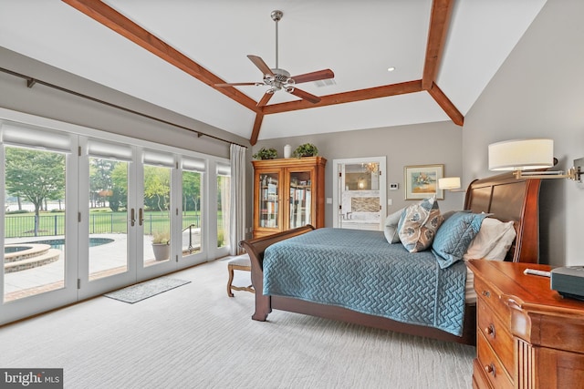 carpeted bedroom with access to outside, ceiling fan, and vaulted ceiling with beams