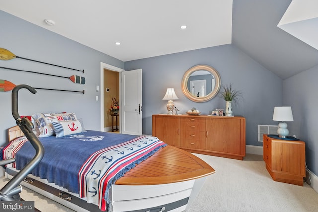 bedroom with light carpet and lofted ceiling