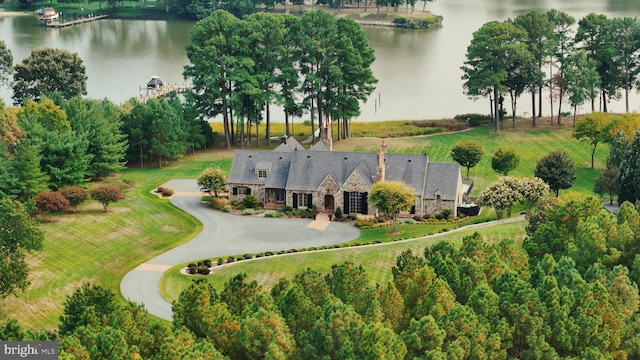 drone / aerial view featuring a water view