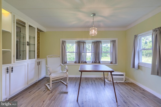 interior space with a wealth of natural light, light wood-type flooring, and a wall unit AC