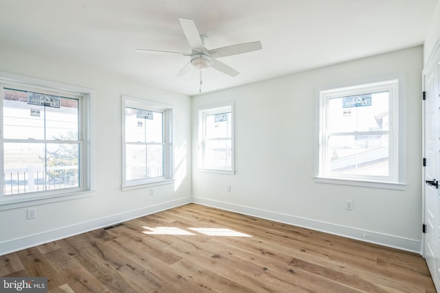 unfurnished room featuring light wood finished floors, plenty of natural light, visible vents, and baseboards