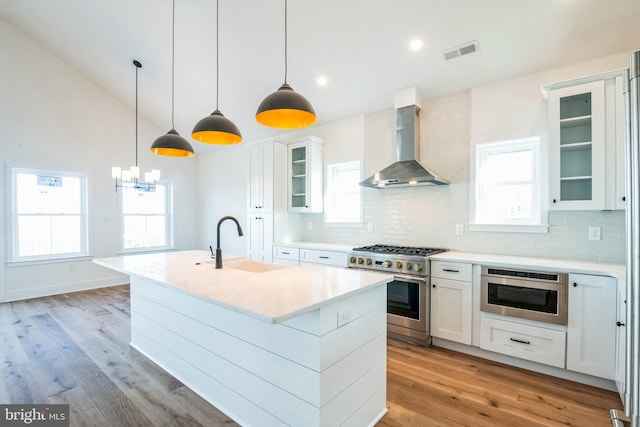 kitchen with wall chimney exhaust hood, glass insert cabinets, stainless steel appliances, white cabinetry, and a sink