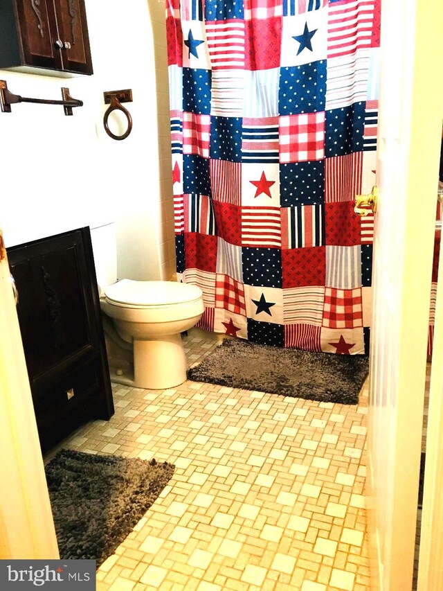 bathroom featuring a shower with curtain, toilet, and vanity