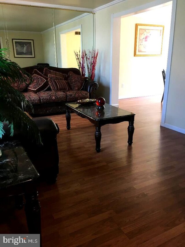 living room featuring wood-type flooring and crown molding