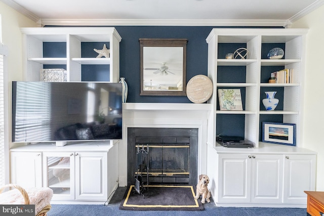 carpeted living room featuring crown molding