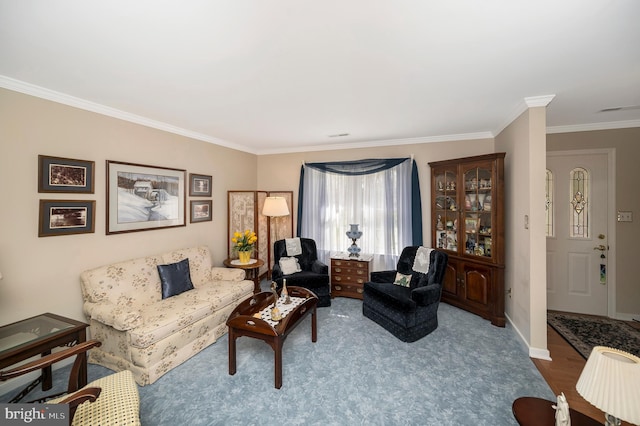 living room featuring crown molding and wood-type flooring