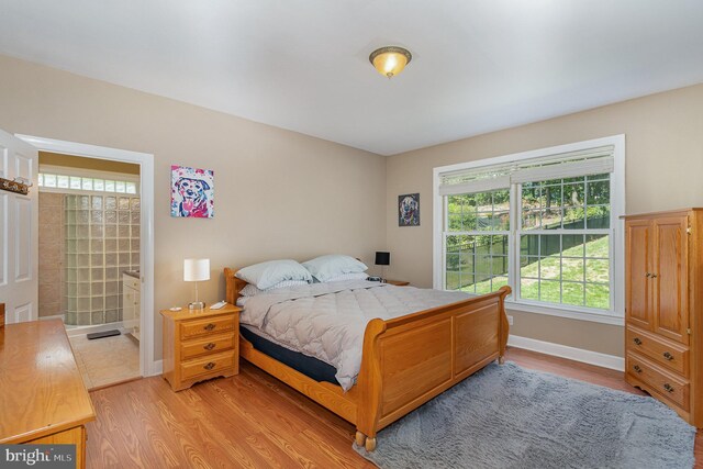 bedroom featuring multiple windows and light hardwood / wood-style floors