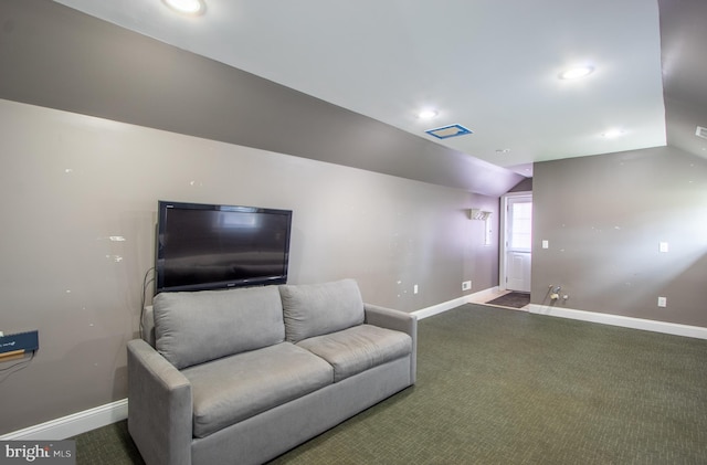 sitting room with lofted ceiling, carpet, baseboards, and recessed lighting