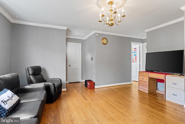 living room with ornamental molding, a notable chandelier, and light wood-type flooring