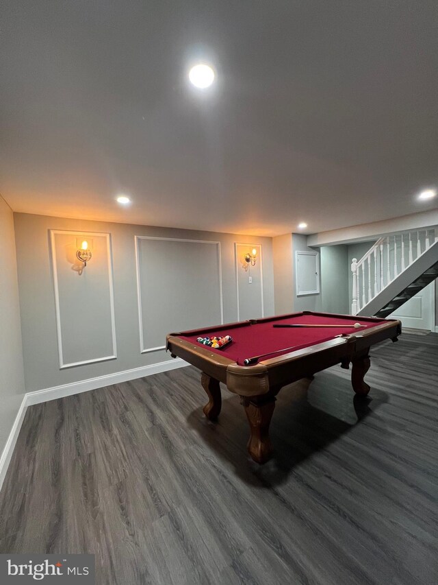 rec room featuring dark wood-type flooring and billiards