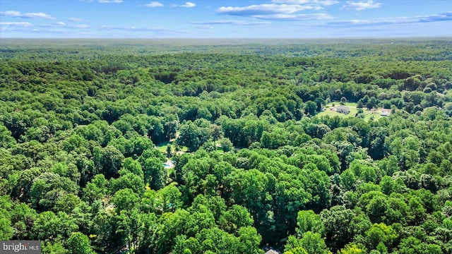 aerial view featuring a wooded view