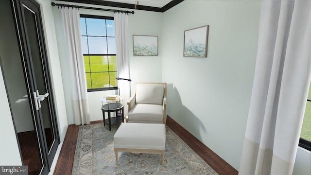 sitting room with baseboards and wood finished floors