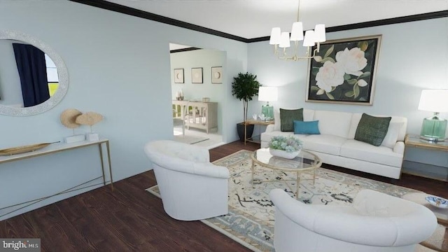 living area featuring ornamental molding, dark wood finished floors, and a notable chandelier